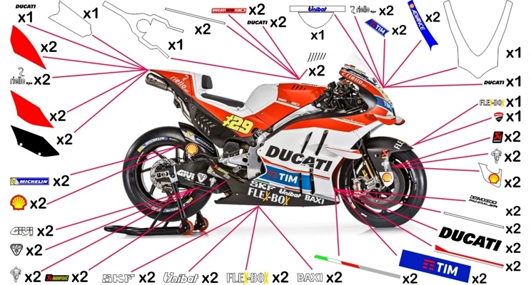 Kit adesivi replica Ducati TIM MotoGP 2016 (corsa da non verniciare trasparente)